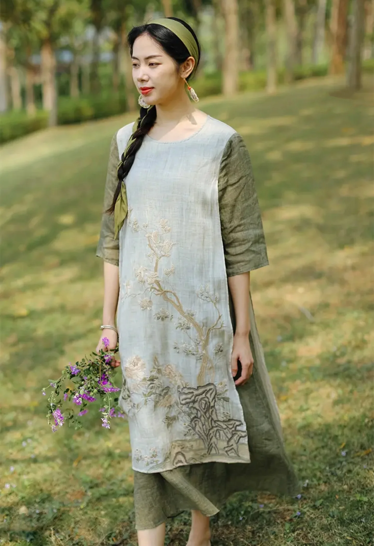 High quality womens dresses 100% ramie loose casual long dresses Ethnic style embroidery robe dresses