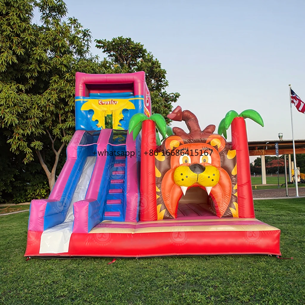 

Cuddly Lion Inflatable Bounce Castle Soft Edges Giant Slide Easy Setup For Backyard Carnival