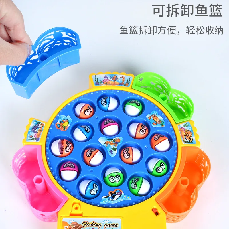 Set mainan memancing anak-anak dengan piring putar musik elektrik, ikan palsu, puzzle magnetik, simulasi ikan, permainan memancing yang menyenangkan