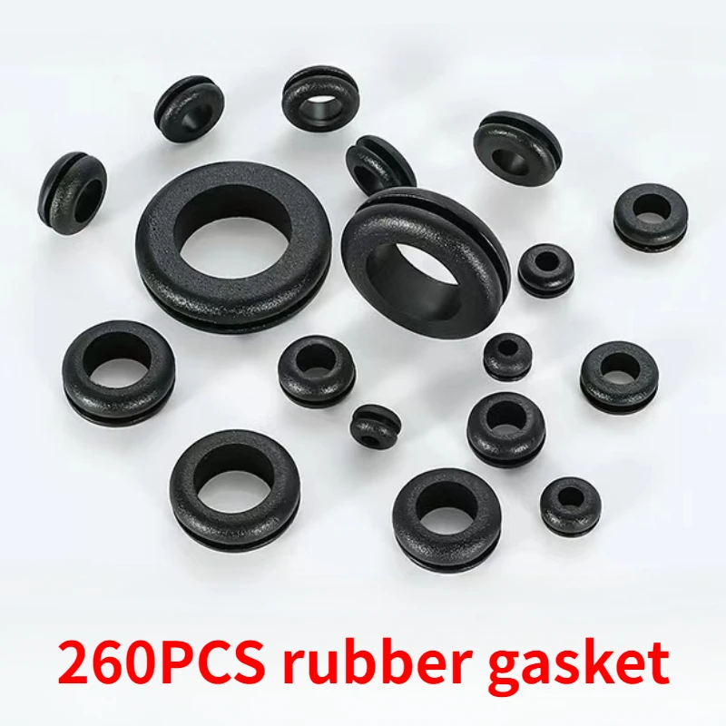 260PCS rubber washer combination kit, 7 sizes of rubber wire hole washer, O-ring washer, for wiring, automobile, firewall