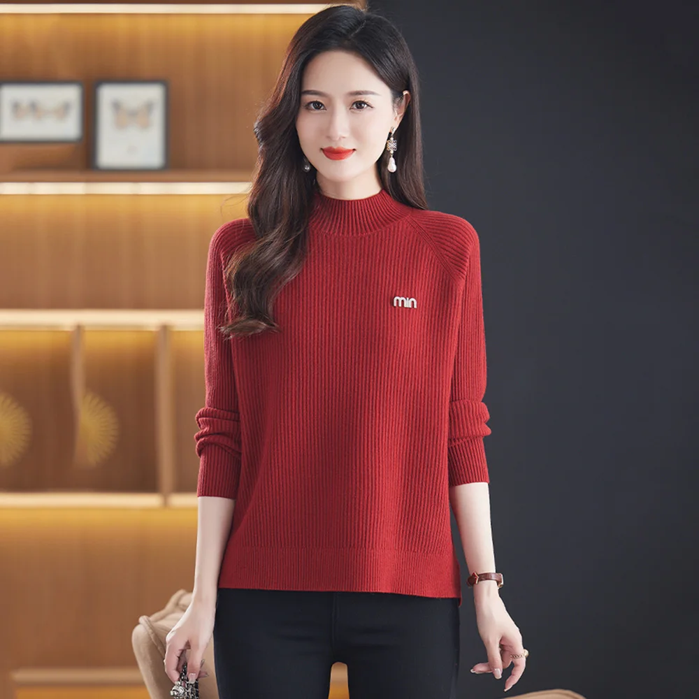 

New Women Casual Sweater Autumn Winter Fashion Half High Collar Raglan Sleeve Loose Knitted Pullover Simplicity Basic Sweater