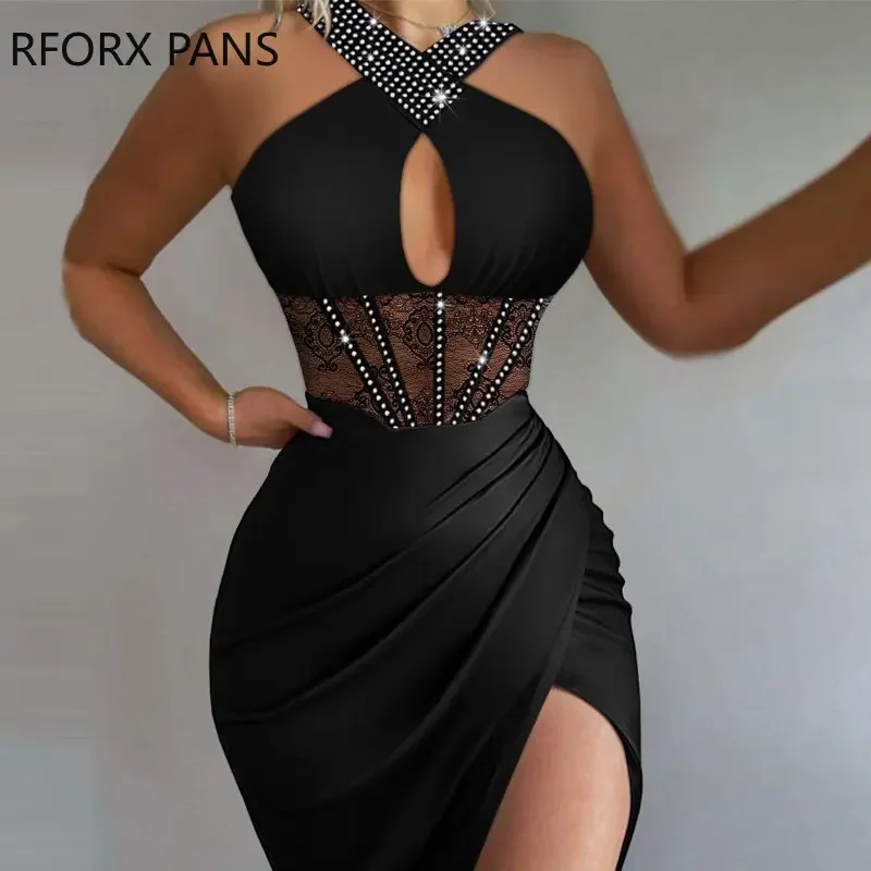 

Women Solid Elegant Halter Rhinestone Bright Line Decoration Criss Cross Lace Patch Keyhole Bodycon Party Sexy Dress