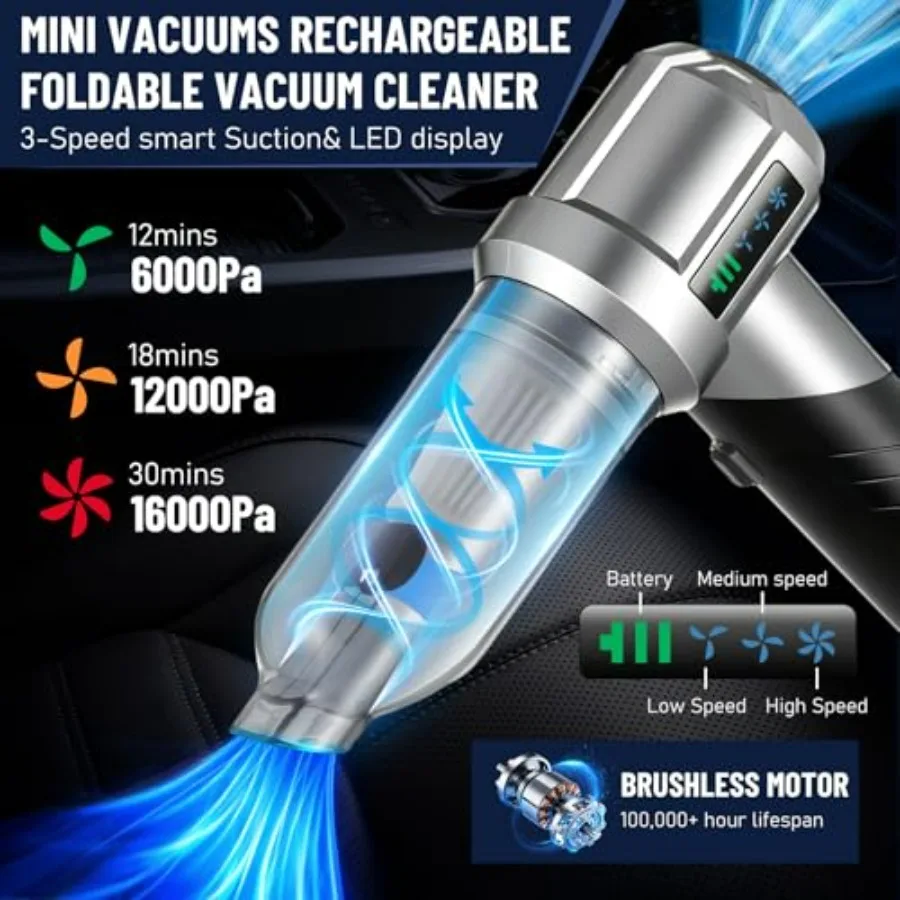 مكنسة كهربائية محمولة، مكنسة كهربائية للسيارة بقوة 16000 باسكال، 4 في 1، محرك قوي للسيارة، محرك بدون فرشاة 80000 دورة في الدقيقة، دوران 30 دقيقة #6