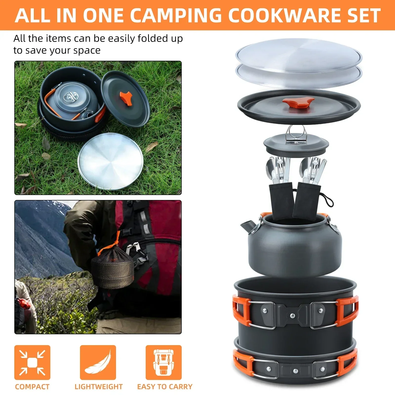 Lixada 16PCS Cookware Set Portable Tableware Kettle Pot Frying Pan with Dining Plate Cooking Pan for Camping Hiking Traveling