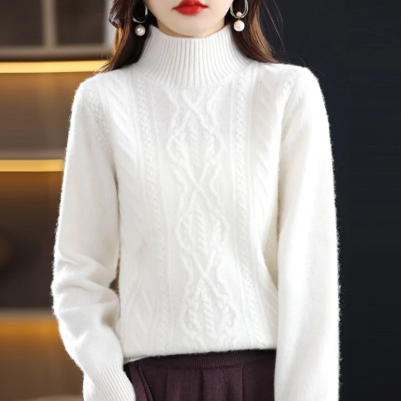 Addonee New Fashion Women Twist Pullover Sweater 100% Merino Wool Mock Neck Thick Warm Autumn Winter Cashmere Knitwear Warm Top