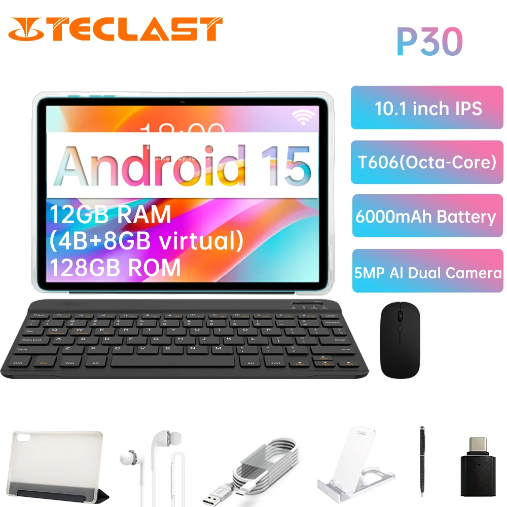 تابلت Teclast P30 Android 15 مقاس 10.1 بوصة وذاكرة وصول عشوائي 4 جيجابايت وذاكرة قراءة فقط 128 جيجابايت Unisoc T606 8 النواة، مع حزمة ملحقات لوحة المفاتيح والماوس #1