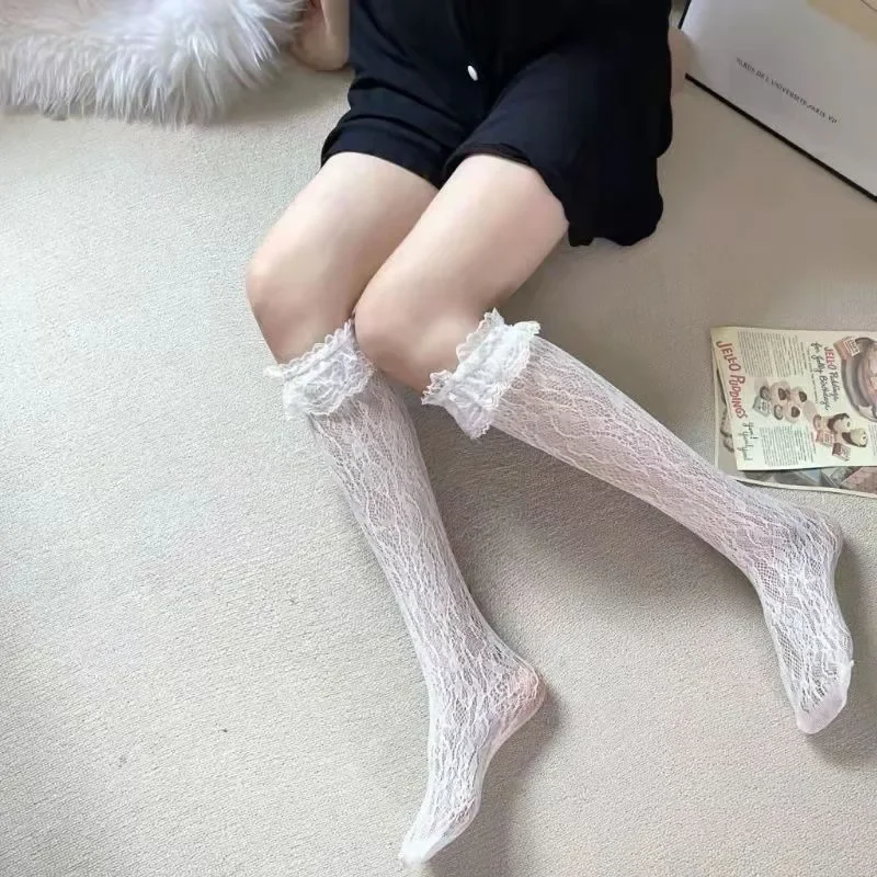 Lolita Long Tube White Lace Mesh Female Fishnet Cute Stockings Middle-tube Knee Socks Thin Section Student JK Girls Black Sexy