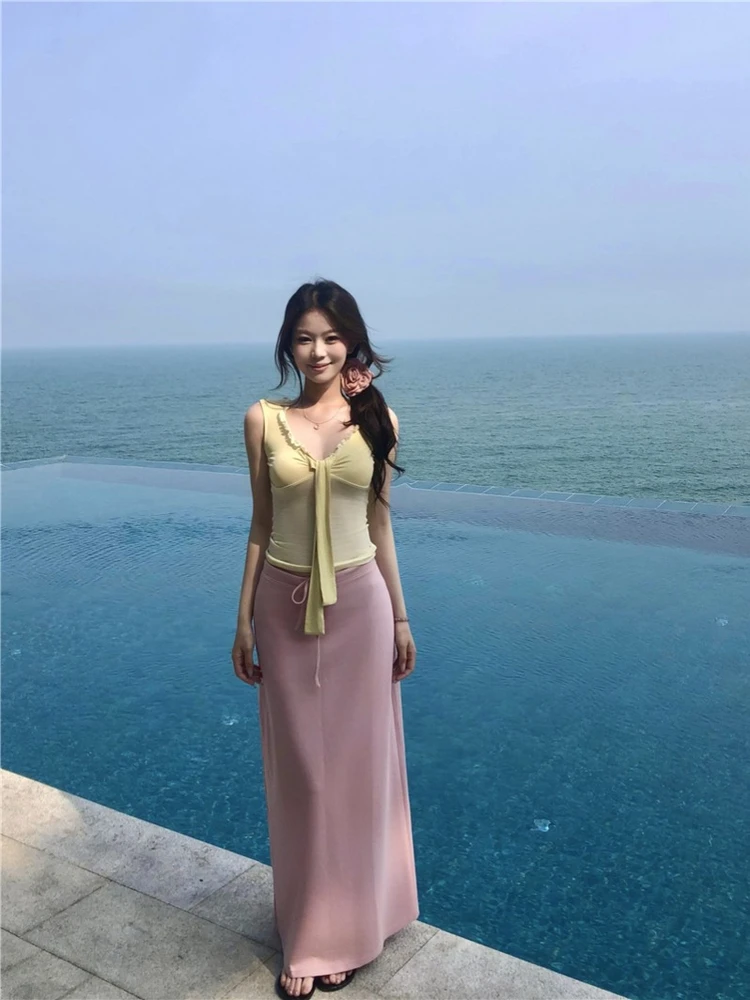 

Korean Style Wood Grain Belted V-Neck Slim Fit Skirt Set Women's Spring Strapless Long Dress Two-Piece Set Commute Style