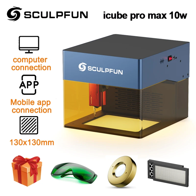 Sculpfun iCube ProMax 10W Laser Engraver Portable Laser Engraving Machine with Smoke Filter Temperature Alarm 120x120mm Engravin