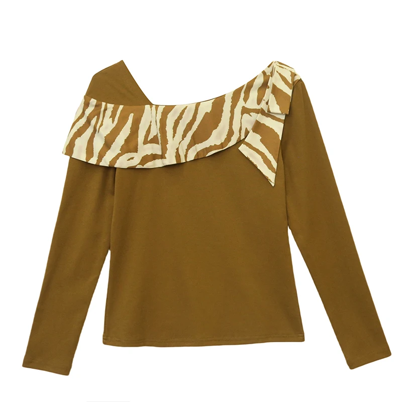MadBlack-Women European T-Shirt, Sexy Skew Collar Ribbon, Workwear Long Sleeve Slim M-3XL Knit Tee, 2026 Autumn New T67635CC