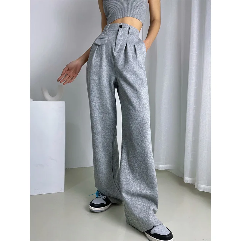 

2024 Women Spring Fall New Elastic High Waist Wide-leg Gray Pants Loose Straight Trousers Trend Female Solid Color Jogging Pants