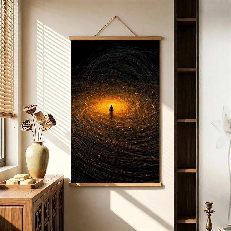 Wall Decorations Solitary Figures beside Cosmic Fire Vortices, Pearlescent Canvas Hanging Scroll for Meditation Room Wall Decor