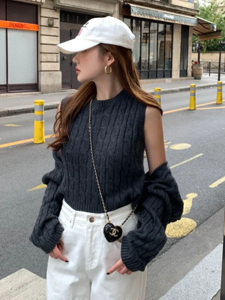 

Шикарный осенний винтажный вязаный свитер, жилет или комплект из двух предметов, универсальная верхняя одежда с запахом и запахом, корейская женская одежда...