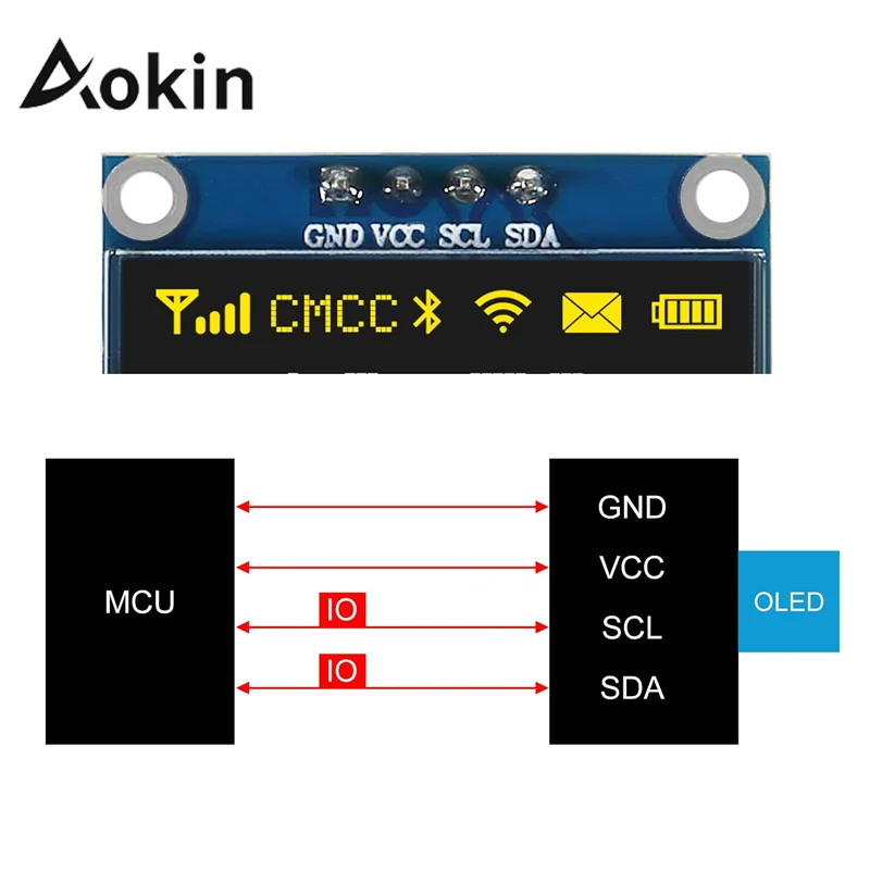 Aokin 0.96 Inch OLED Display Module SSD1306 I2C IIC SPI Serial 128X64 LCD 4 Pin White Blue YellowBlue  for Arduino