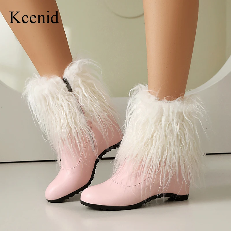 

Kcenid зимние ботильоны для женщин, лаконичные туфли из искусственного меха с круглым носком, увеличивающие рост, женские короткие плюшевые теплые современные ботинки