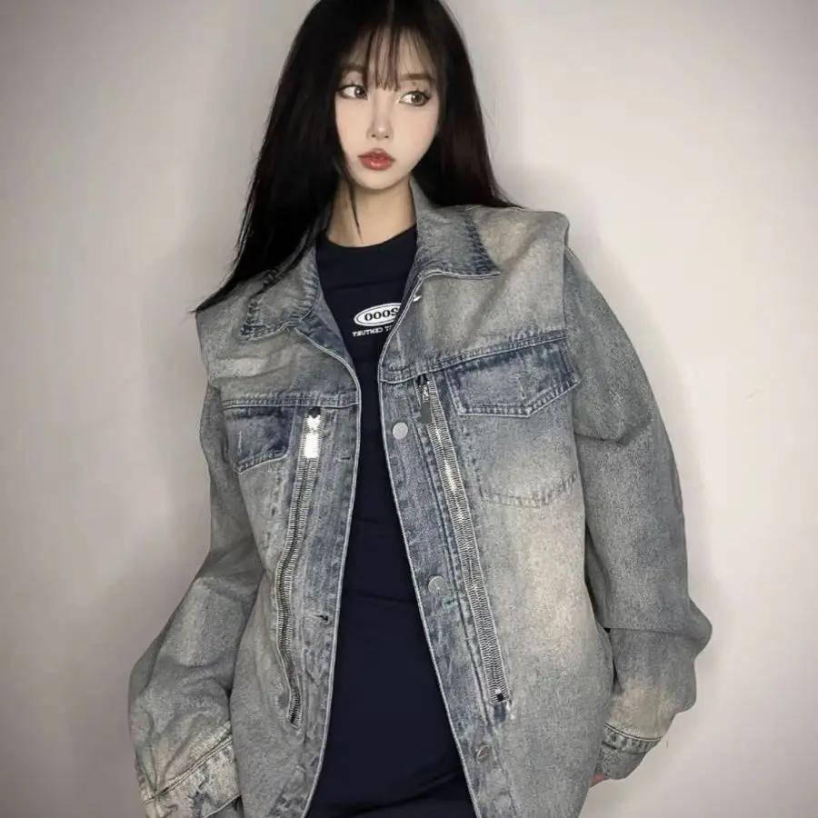 

Мужская джинсовая куртка свободного кроя с подплечниками, дизайн 300 Pou, весна-осень, американский ретро-стиль, с длинными рукавами, повседневная верхняя одежда