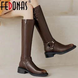 FEDONAS 2024 Kobiety Genuine Leather Knee High Boots Buckles Punk Warm Autumn Winter Shoes Woman Slim Long Motorcycle Boots Shoes