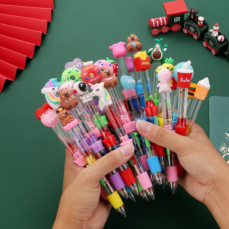 20Pcs/Lot Kawaii Liquid Sand Mini 4Color Ballpoint Pens Multi-Color Pen Cute Cartoon Unicorn Astronaut Rose Oil Writing Supplies