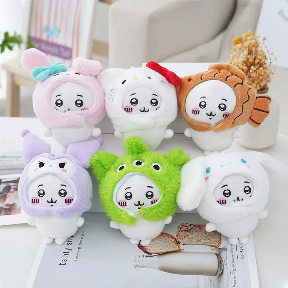 Cute Cross-dressing Chiikawa Plush Doll Chiikawa Sanrio Taiyaki Headgear Self-deprecating Bear Keychain Bag Pendant Girl Gift