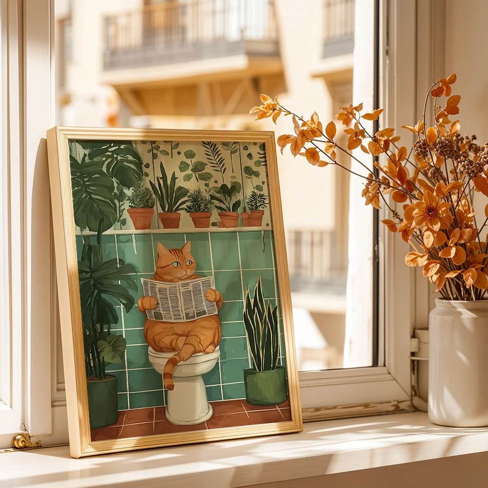 Fun Orange Cat Reading Newspaper On Toilet Canvas Poster Wall Art,2D Print Wall Decor,Cute Home Decor For Bathroom Living Room