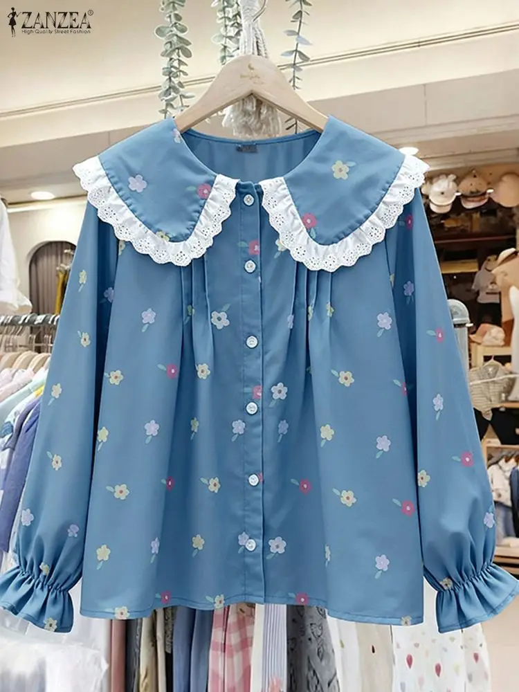Damskie bluzki ZANZEA z nadrukiem kwiatowym w stylu vintage, koszule z długim rękawem, kołnierzyk Peter Pan, tuniki z koronkowymi wstawkami, bluzki jesienne, bluzki damskie 2025