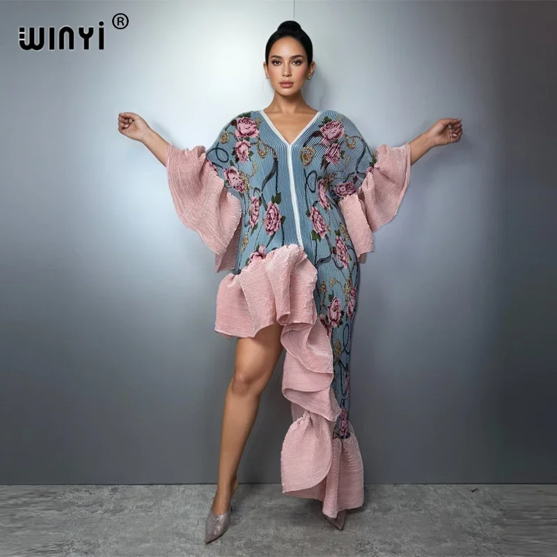 

WINYI Boho Maxi Kaftan Dress Middle East Style Elegant Pleated Beach Cover up Elastic Luxury Party Evening Dubai Abaya