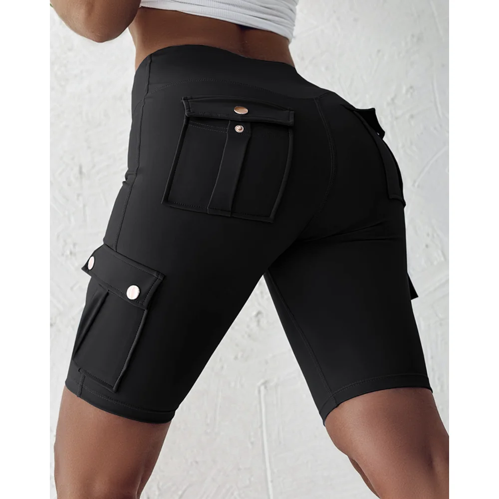 Tummy Control Butt Lifting Active Shorts High Waist Flap Pocket Workout Bermuda Cargo Running Shorts