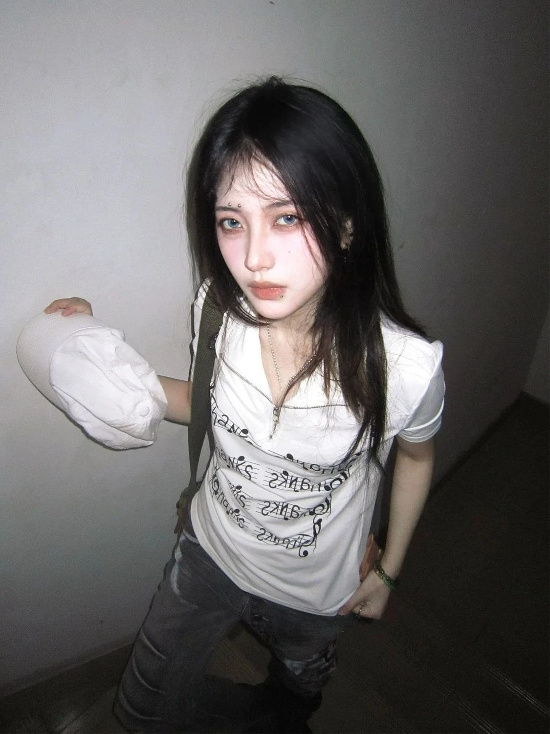 Vintage Y2K Zipper Top Short Sleeve High-neck  Music Note Print Women Casual T-shirt American Harajuku Female Streetwear Summer