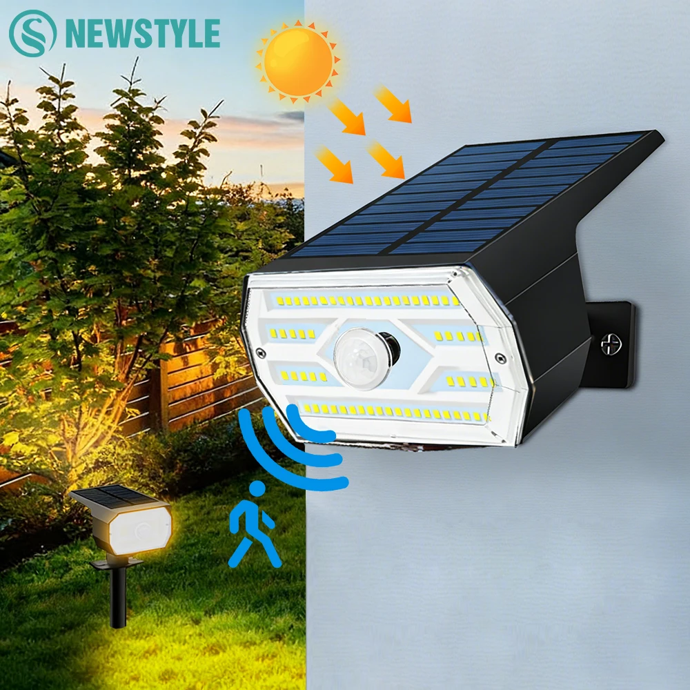 

60 светодиодных солнечных светильников с датчиком движения для улицы, 3 режима, водонепроницаемые, прожектор безопасности на солнечной энергии, ландшафтный светильник для сада, двора, дорожек