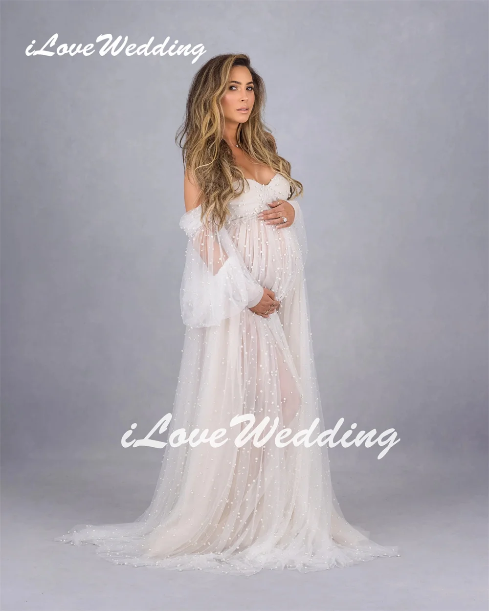 ILoveWedding Pearl Beading Maternity Dresses Photography Robes Off Shoulder Sweetheart Tulle Pregnant Photo Shoot Long Sleeves