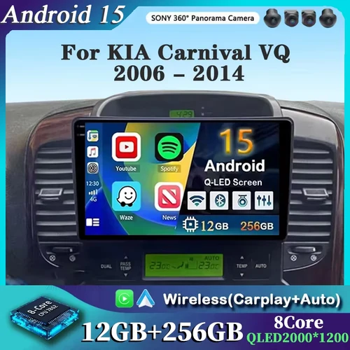 Para KIA Carnival VQ 2006-2014 2K 12 + 256 QLED Android 15 CarPlay Radio de coche reproductor de vídeo Multimedia GPS unidad principal estéreo 4G WIFI