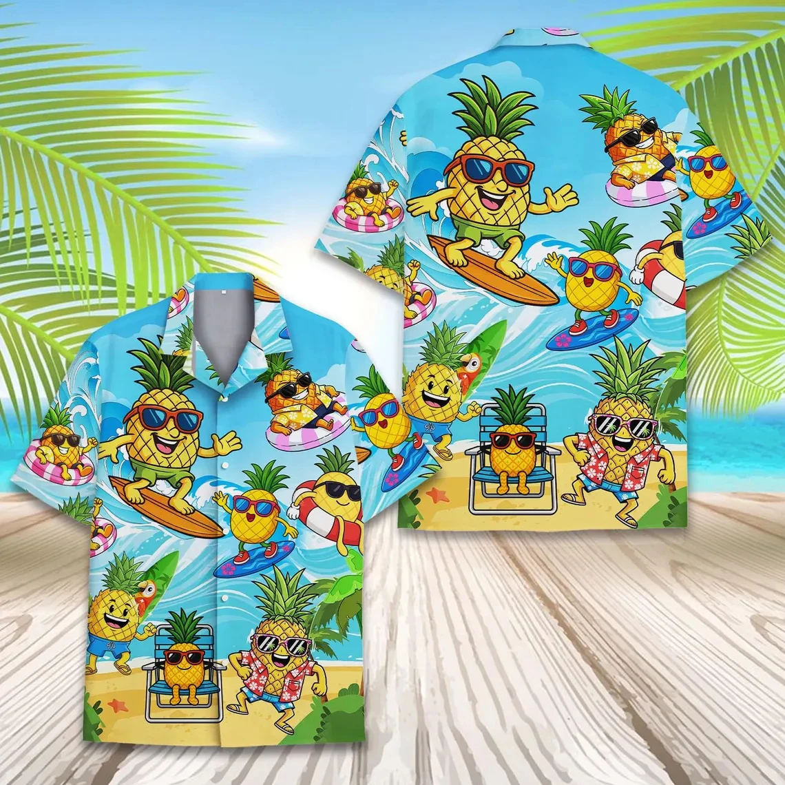 

Cute Dancing Banana Print Hawaiian Shirt Cartoon Banana Playing Guitar Surfing With Tropical Flowers Pattern Hawaii Aloha Shirt
