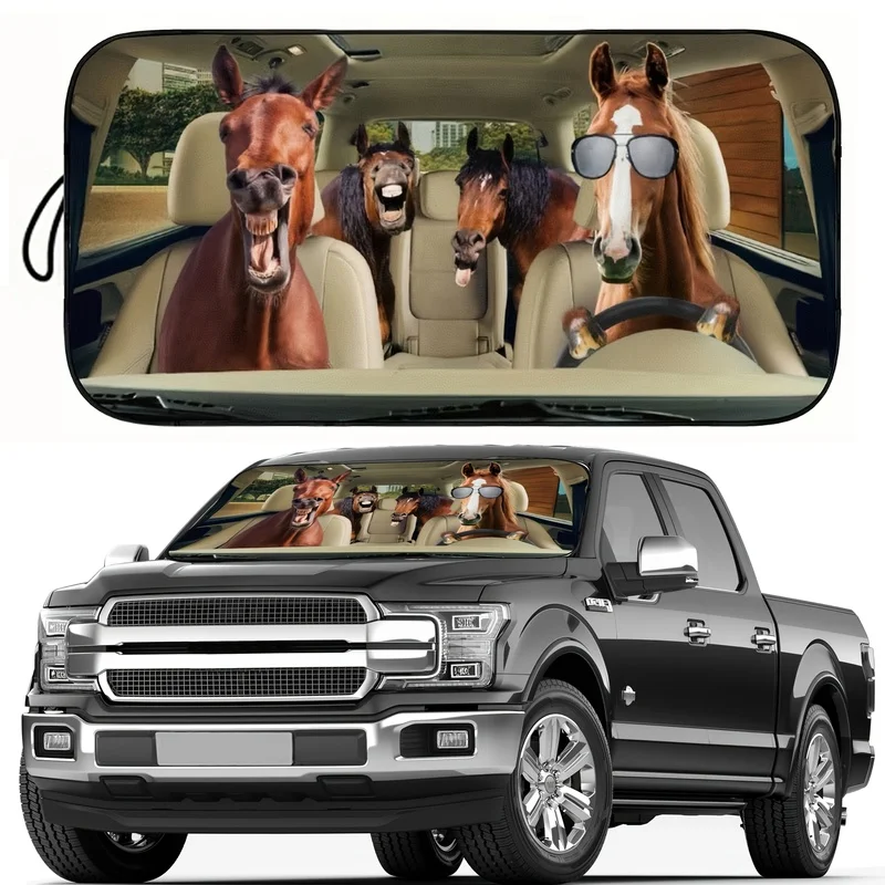 1Pcs Playful Horse Design Car Windshield Sun Shade, With 4 Free Suction Cups, Easy Installation, For SUV RV, Interior Sunshade