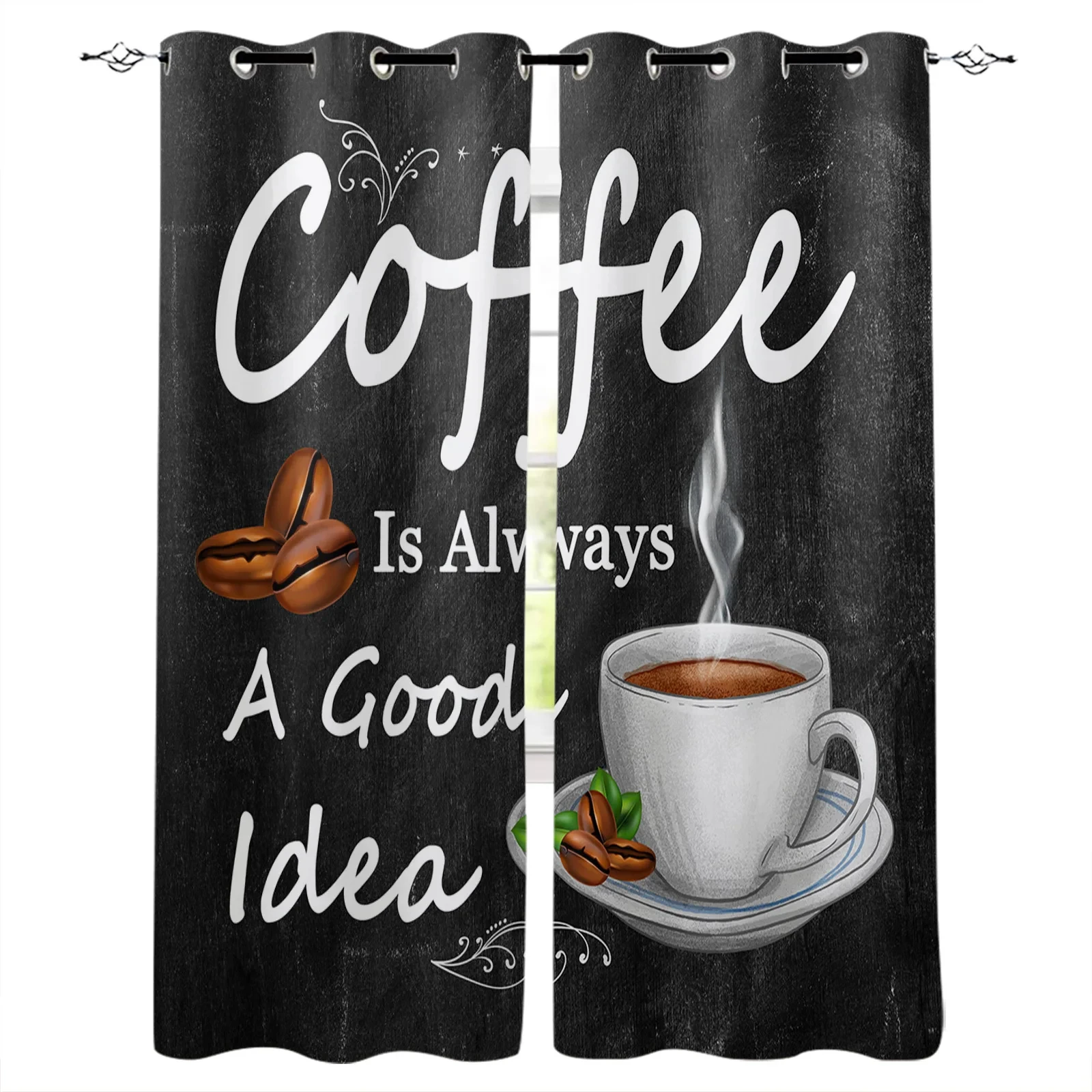 Coffee Text Graffiti Black Background Window Curtain for Living Room Bedroom Home Decor Kitchen for Window Drapes cortinas 2pcs