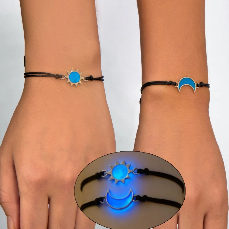 2Pcs Adjustable Luminous Sun Moon Bracelet Couple Handmade Weaving Hand Rope Set Friendship Pendant Eternal Valentine's Day Gift