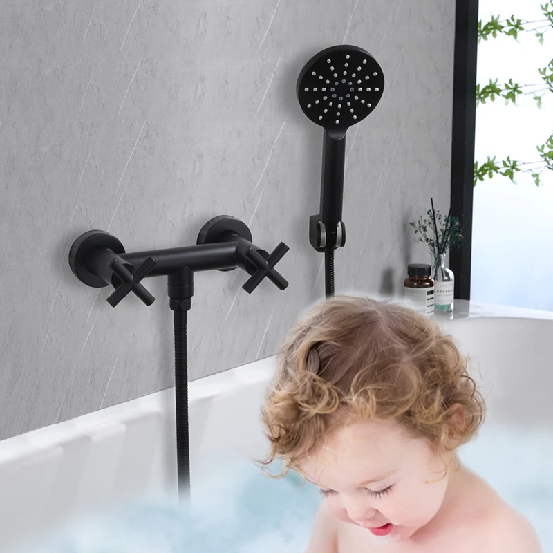 Bathroom Shower System Wall Mounted Shower Faucet with Handheld Shower Double Handle Shower Mixer Valve Matte Black