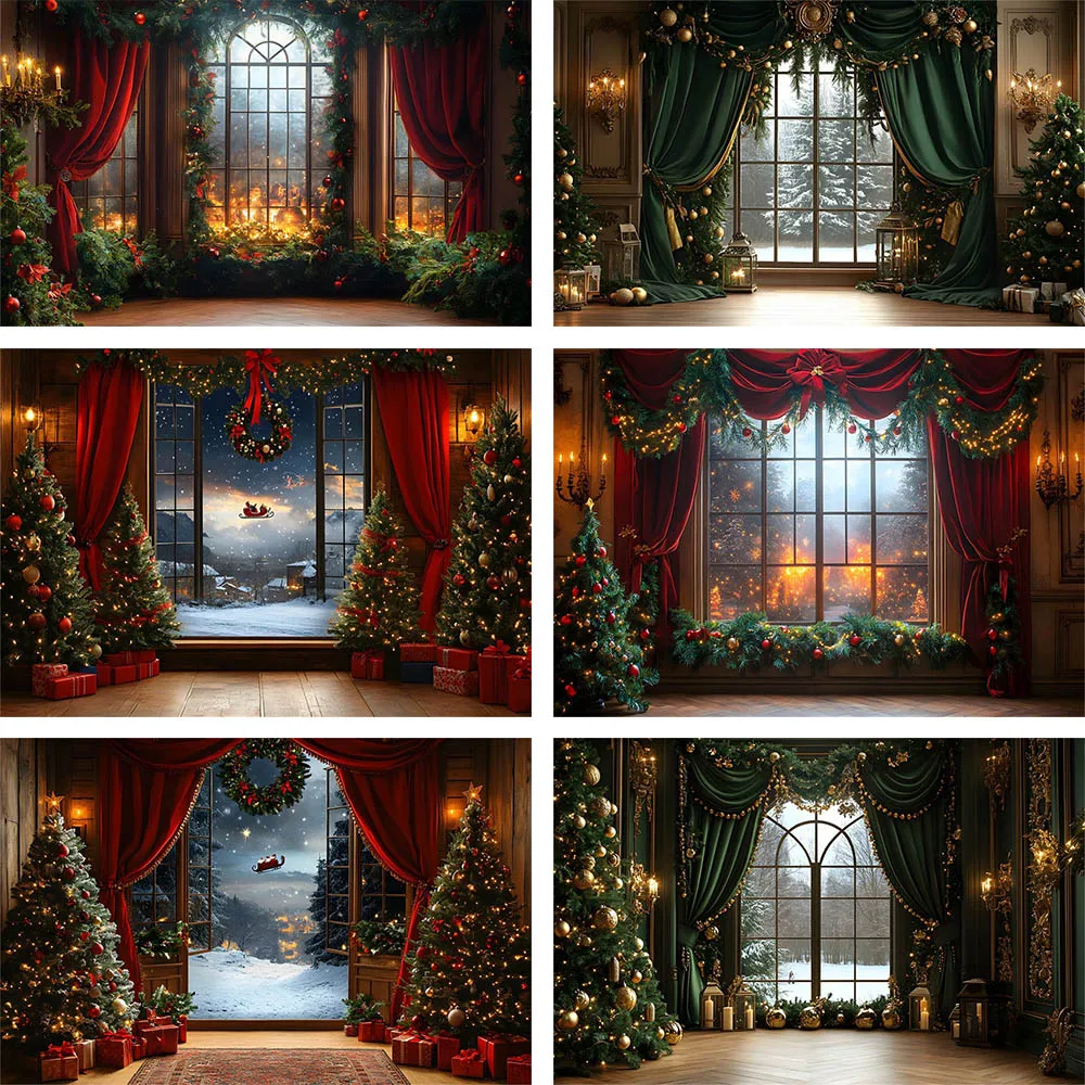 

Mehofond Christmas Window Red Curtain Backdrop for Photography Kids Birthday Party Santa Claus Sled Decor Photo Background