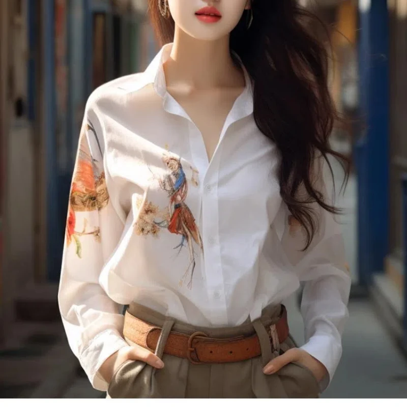 2024 Spring and Autumn Women\'s New Splicing Polo Collar Button Print Fashion Loose Minimalist Casual Long Sleeve Blouses Shirts