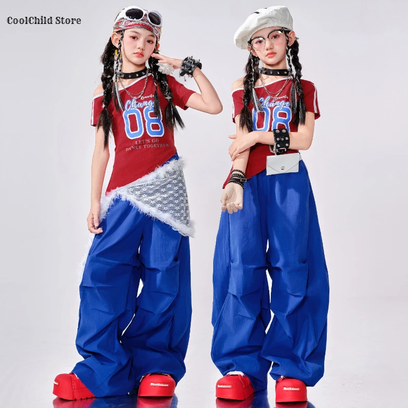 

Укороченный топ с открытыми плечами в стиле хип-хоп для девочек, брюки-карго, детский костюм для уличных танцев K-pop, детская групповая уличная одежда для девочек, комплекты одежды для джаза