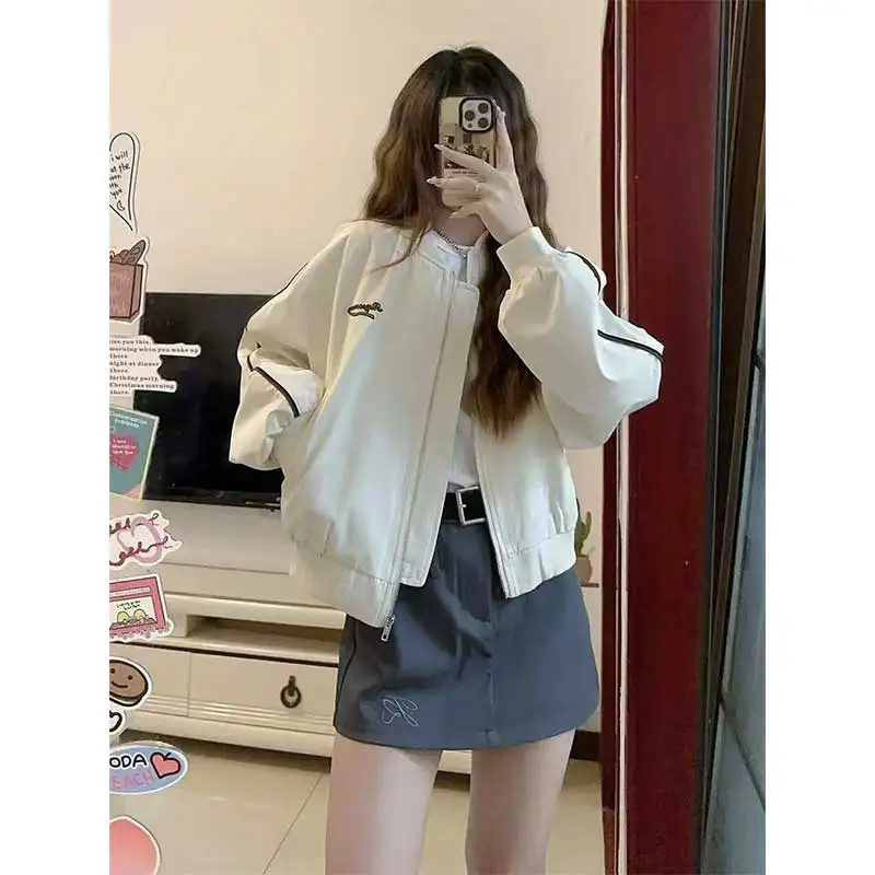Women Clothing Spring Autumn Fashion Loose Embroidered Zipper Solid Color Female All-match Fashionable Cardigan Pocket Coat Tops