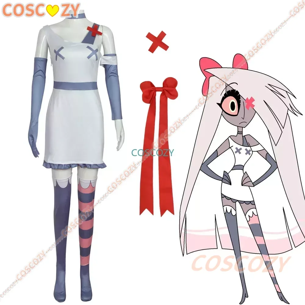 Anime Hotel Costume Vaggie Cosplay Costume Clothing for Women Halloween Costume Party Dress with Headwear Bow Stockings Set