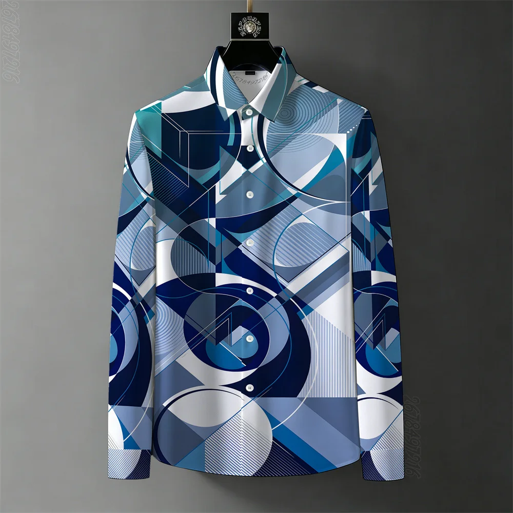 New Spring/Autumn Abstract Color-Blocked Shirt for Men, Fashionable Twill Stripe Print, Wrinkle-Resistant, Casual, Versatile Top