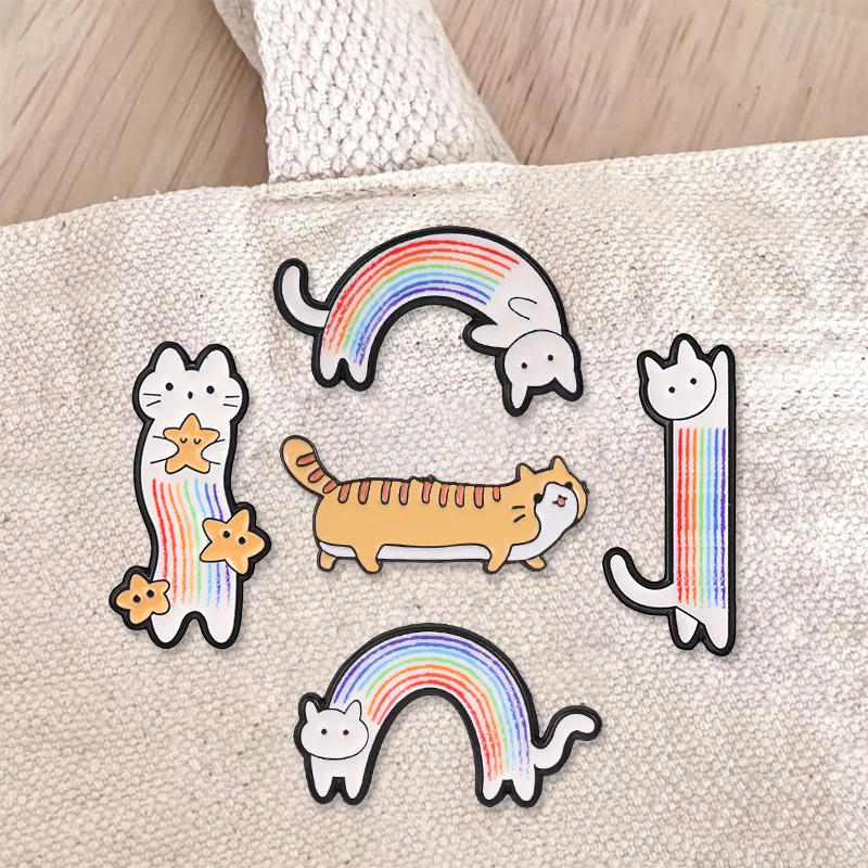 Cute Rainbow Long Cat Enamel Badges Colorful Striped Kitten Cartoon Pins Lovely Animal Metal Brooches Lapel Pin Set Gift