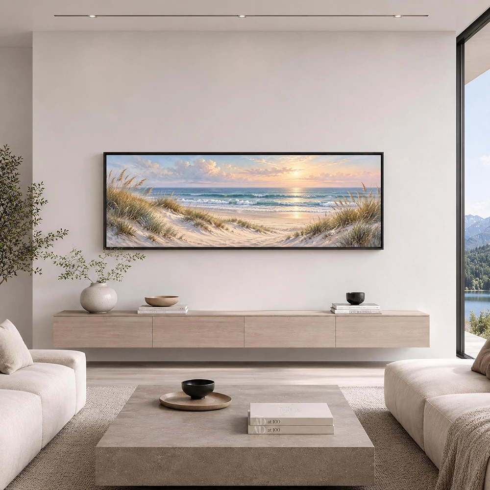 Beach Dunes Panoramic Canvas Poster, Wall Art | Ocean Sunrise & Sea Oats Painting |  Coastal Beach House Decor, No Frame