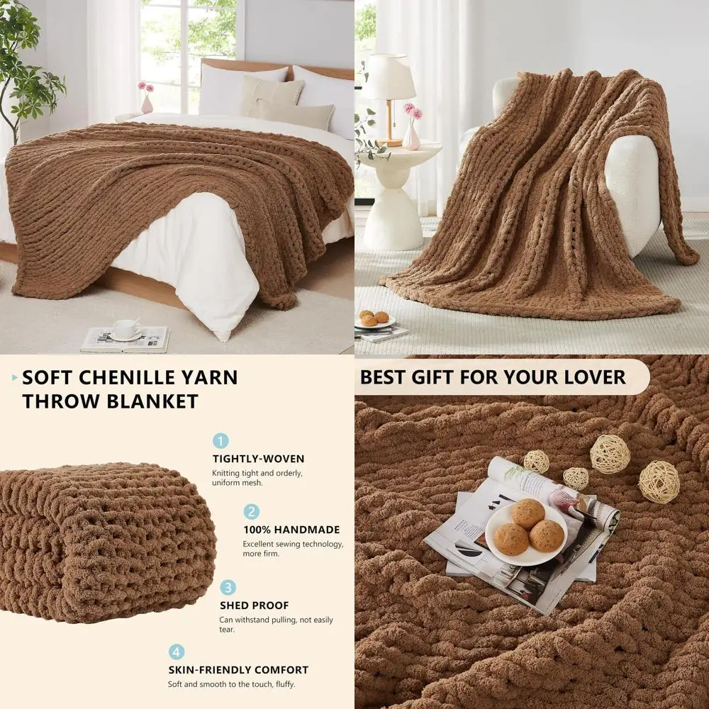 

Большое толстое вязаное синельное одеяло ручной работы 72x84 — коричневое массивное вязаное крючком для кровати или дивана