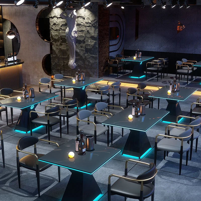 

Commercial Bar Furniture Set Customized Logo Tempered Glass Led Table Nightclub Cocktail Bistro Pub Table Set