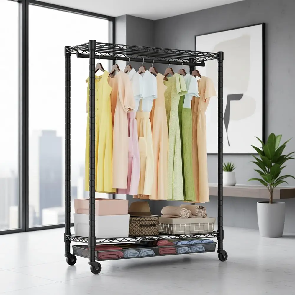 

Регулируемая трехъярусная проволочная вешалка для одежды со штангой и ящиками, темно-серая, 15,8 x 35,5 x 72,4