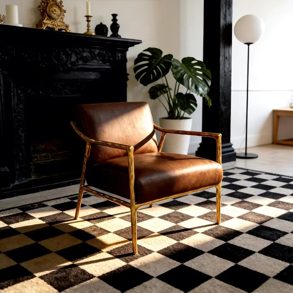 Leather decorative chair Modern leisure chair Forged metal frame Home living room Study hotel lobby Reception chair