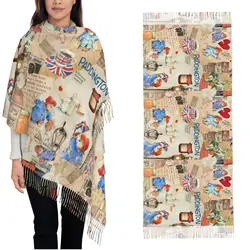 Womens Tassel Scarf Britain Paddington Brown Bear Long Soft Warm Shawl and Wrap Cute Movie Cartoon Daily Wear Cashmere Scarf