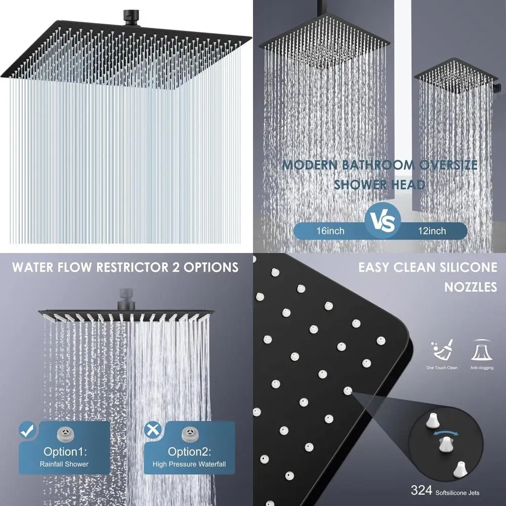 

16 Matte Black Full Body Rain Shower Head - 304 Stainless Steel, 324 Nozzles, Waterfall Square Ceiling Mount